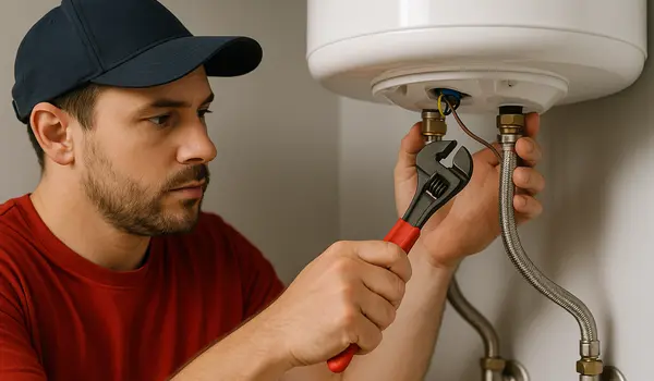 A male plumbing technician tightening a water heater connection from The Leander Plumber - Company in Leander, TX - clogged toilet service