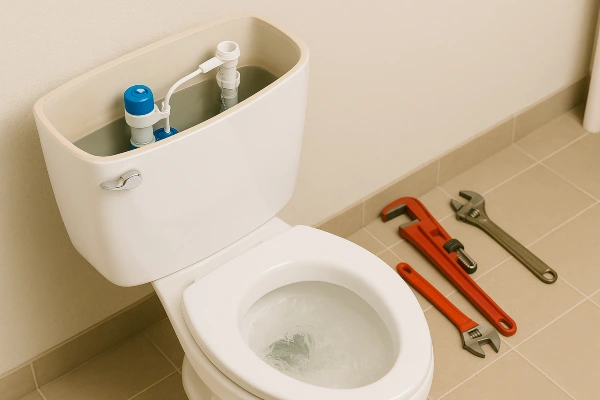A toilet with some plumbing tools laying next to it on the floor from The Leander Plumber - Company in Leander, TX - clogged toilet service A toilet with some plumbing tools laying next to it on the floor from The Leander Plumber - Company in Leander, TX - clogged toilet service
