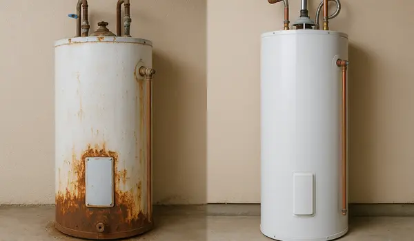 One rusted water heater next to a brand new water heater from The Leander Plumber - Company in Leander, TX - drain cleaning services