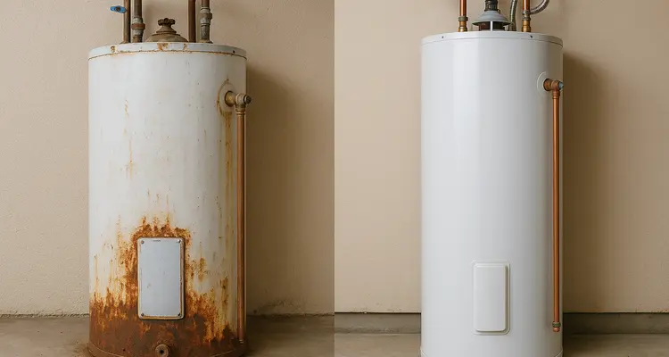 One rusted water heater next to a brand new water heater from The Leander Plumber - Company in Leander, TX - drain cleaning services