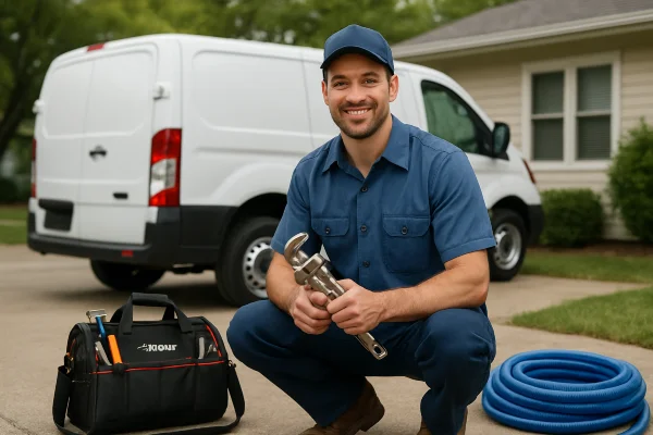 A male plumber smiling and posing to the camera from The Leander Plumber - Company in Leander, TX - drain cleaning services A male plumber smiling and posing to the camera from The Leander Plumber - Company in Leander, TX - drain cleaning services