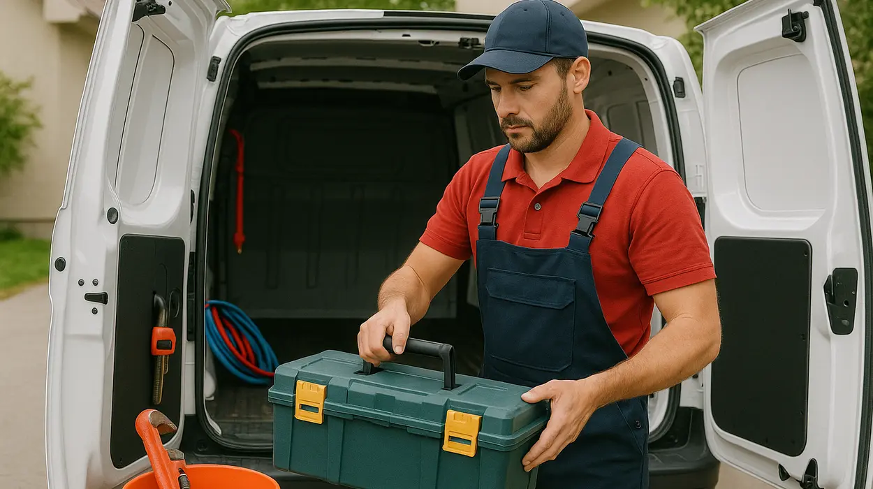 A plumbing technician putting his tool box back in his van from The Leander Plumber - Company in Leander, TX - Emergency plumbing services