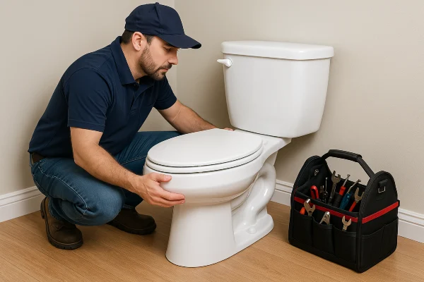 A plumber checking a toilet from The Leander Plumber - Company in Leander, TX - Emergency plumbing services A plumber checking a toilet from The Leander Plumber - Company in Leander, TX - Emergency plumbing services