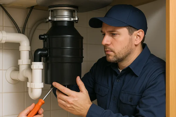 A technician working on a garbage disposal from The Leander Plumber - Company in Leander, TX - Faucet replacement