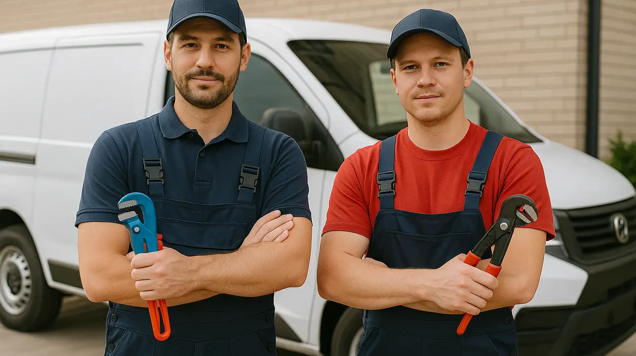 2 male plumbers looking at the camera from The Leander Plumber - Company in Leander, TX - gas line installation