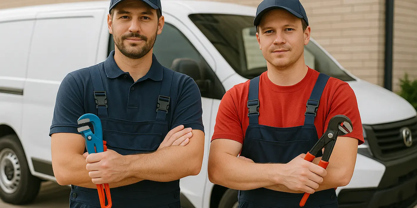 2 male plumbers looking at the camera from The Leander Plumber - Company in Leander, TX - gas line installation 2 male plumbers looking at the camera from The Leander Plumber - Company in Leander, TX - gas line installation