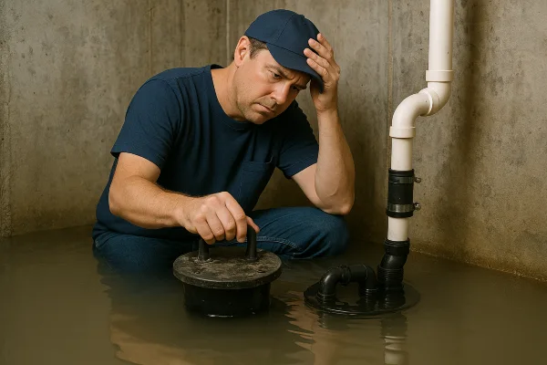 A worried plumber in a flooded room from The Leander Plumber - Company in Leander, TX - gas line installation A worried plumber in a flooded room from The Leander Plumber - Company in Leander, TX - gas line installation