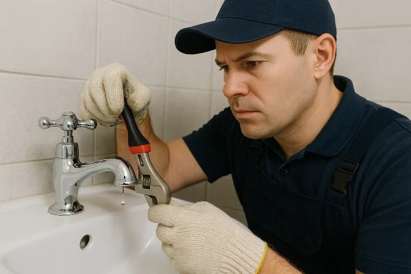 A plumbing technician using a tool to fix a water faucet from The Leander Plumber - Company in Leander, TX - gas line installation A plumbing technician using a tool to fix a water faucet from The Leander Plumber - Company in Leander, TX - gas line installation
