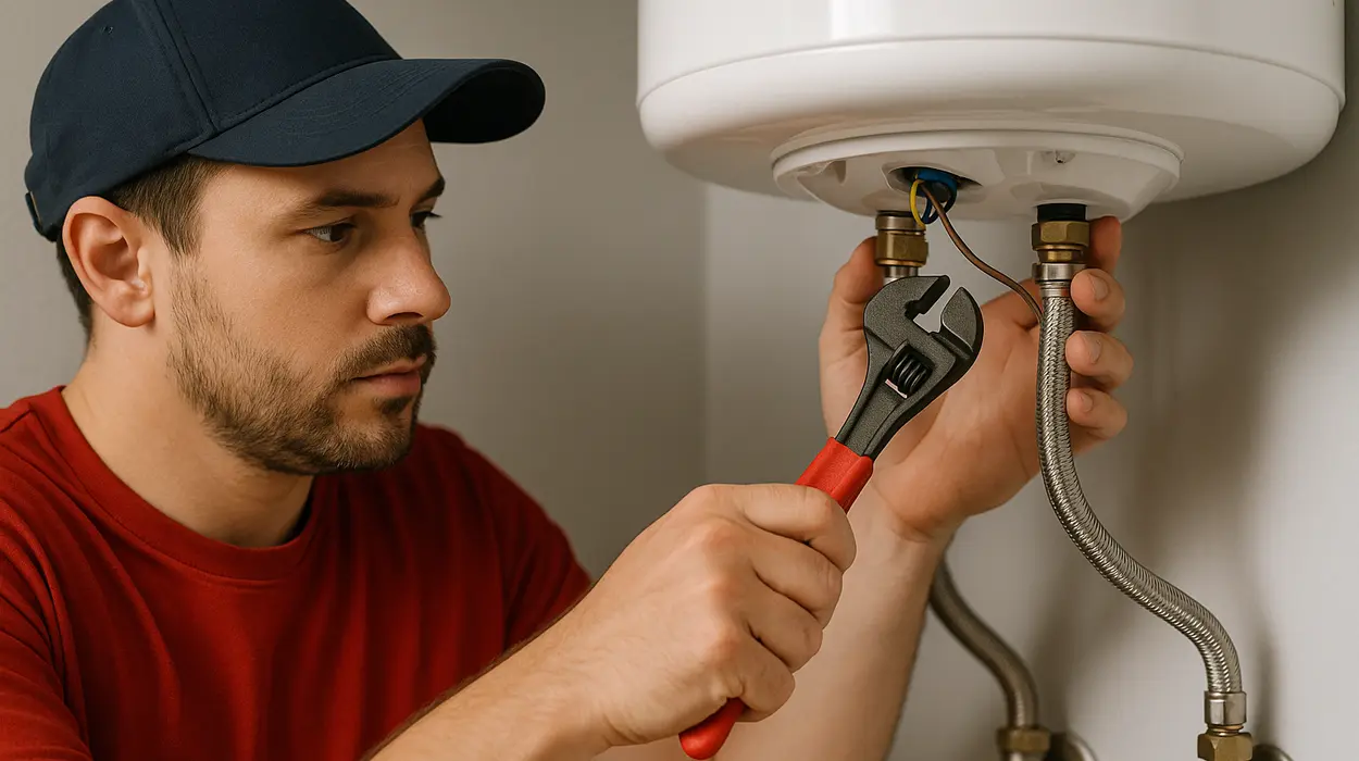 A male plumbing technician tightening a water heater connection from The Leander Plumber - Company in Leander, TX - leak detection services