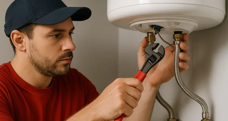 A male plumbing technician tightening a water heater connection from The Leander Plumber - Company in Leander, TX - leak detection services