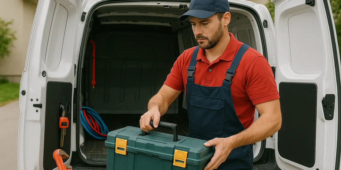 A plumbing technician putting his tool box back in his van from The Leander Plumber - Company in Liberty Hill, TX - Liberty Hill TX