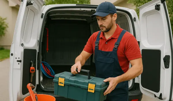 A plumbing technician putting his tool box back in his van from The Leander Plumber - Company in Liberty Hill, TX - Liberty Hill TX