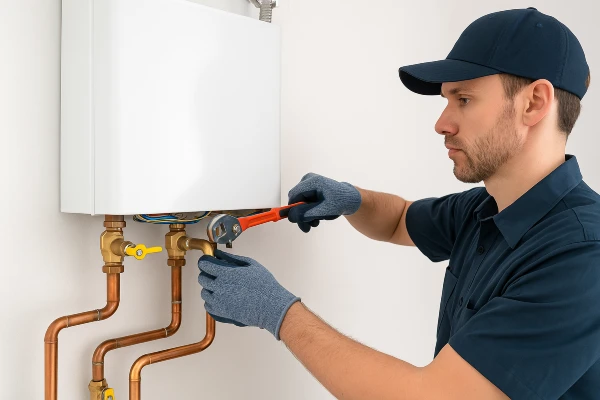 A plumber working on a tankless water heater from The Leander Plumber - Company in Liberty Hill, TX - Liberty Hill TX