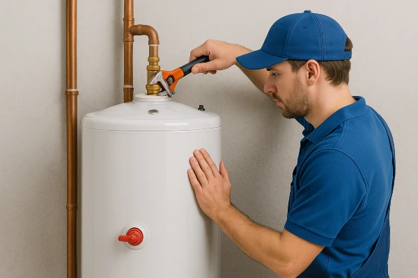 a male plumber installing a garbage disposal from The Leander Plumber - Company in Leander, TX - Residential plumbing services