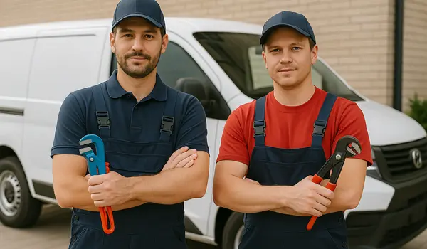 2 male plumbers looking at the camera from The Leander Plumber - Company in Leander, TX - residential sewer line repair