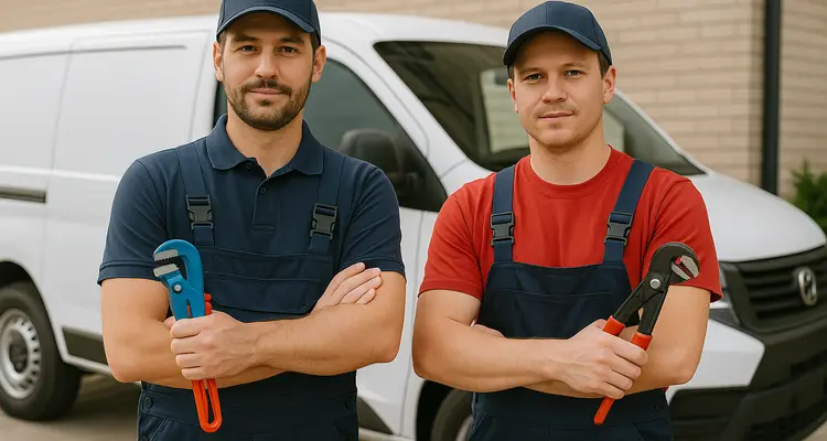 2 male plumbers looking at the camera from The Leander Plumber - Company in Leander, TX - residential sewer line repair