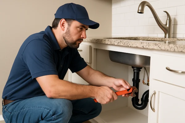 A male plumber checking a kitchen sink pipe connection from The Leander Plumber - Company in Leander, TX - residential sewer line repair A male plumber checking a kitchen sink pipe connection from The Leander Plumber - Company in Leander, TX - residential sewer line repair