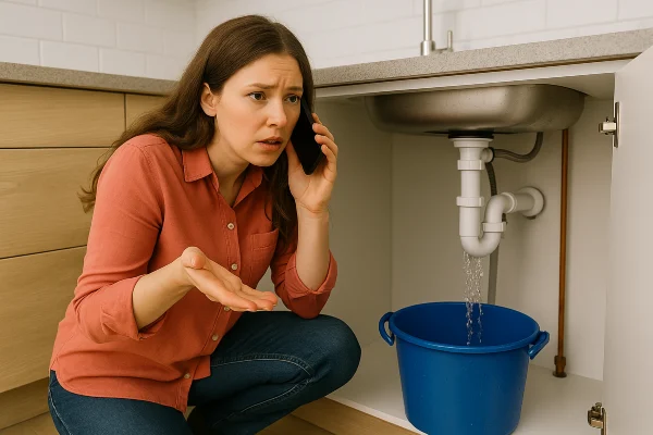 A woman on the phone with a water leak problem underneath the kitchen sink from The Leander Plumber - Company in Leander, TX - Slab leak repair