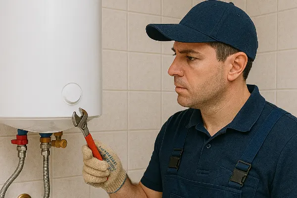 A male plumber working on a water heater hanging from the wall from The Leander Plumber - Company in Leander, TX - sump pump installation