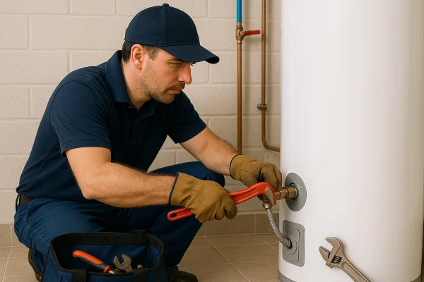 A male plumber working on a water heater connection from The Leander Plumber - Company in Leander, TX - sump pump installation