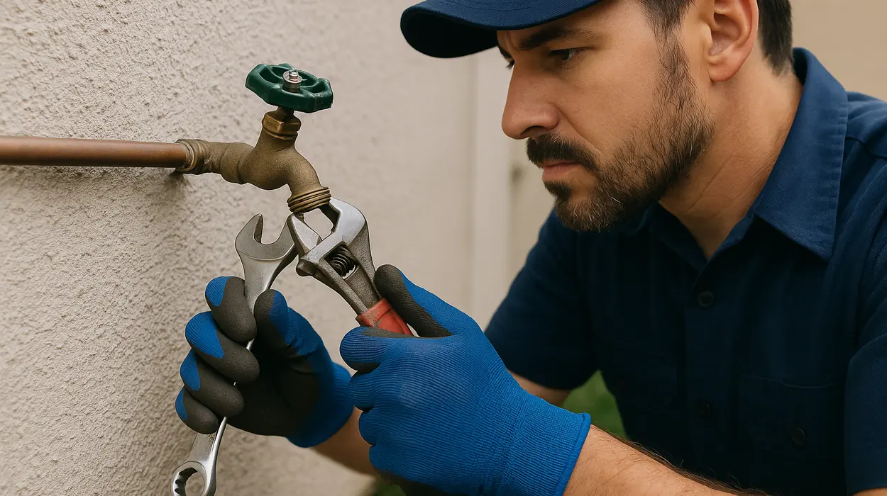 A male plumber fixing an outdoor faucet from The Leander Plumber - Company in Leander, TX - tankless water heater installation