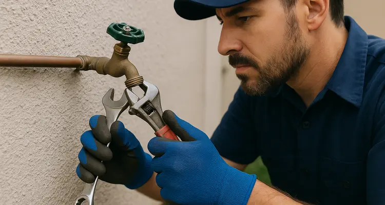 A male plumber fixing an outdoor faucet from The Leander Plumber - Company in Leander, TX - tankless water heater installation