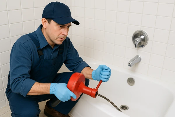 A plumber running a snake to clear a bathtub drain from The Leander Plumber - Company in Leander, TX - tankless water heater installation