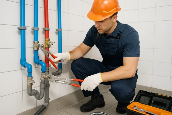 A plumber working on commercial pipe connections from The Leander Plumber - Company in Leander, TX - tankless water heater installation