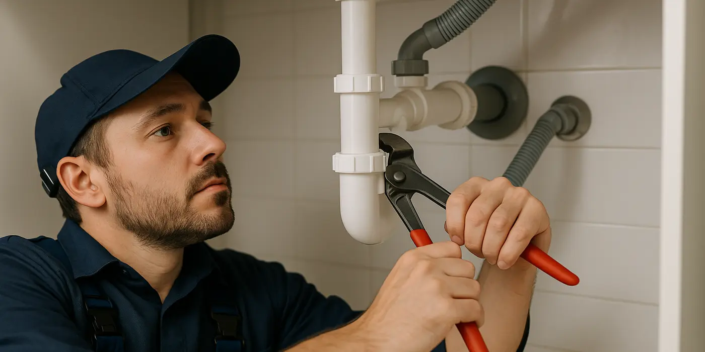 A male plumbing technician tightening a sink pipe from The Leander Plumber - Company in Leander, TX - water softener installation