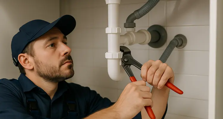 A male plumbing technician tightening a sink pipe from The Leander Plumber - Company in Leander, TX - water softener installation