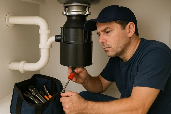 A male plumbing technician fixing a garbage disposal from The Leander Plumber - Company in Leander, TX - water softener installation