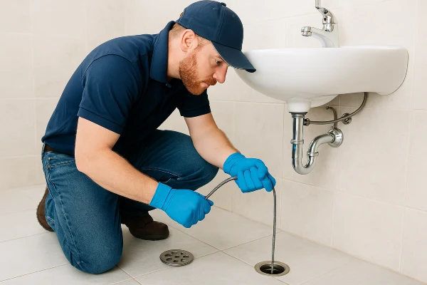 A male plumber unclogging a bathtub drain from The Leander Plumber - Company in Leander, TX - water softener installation